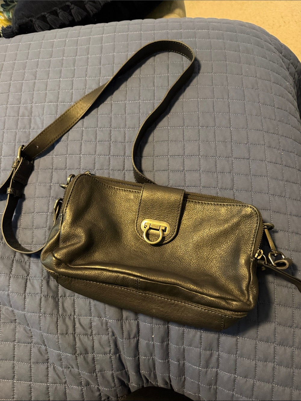 Classic Black Leather Crossbody with Brushed Gold Accent